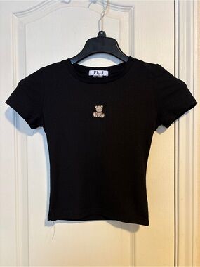 Black Ribbed Crop Tee with Teddy Embroidery